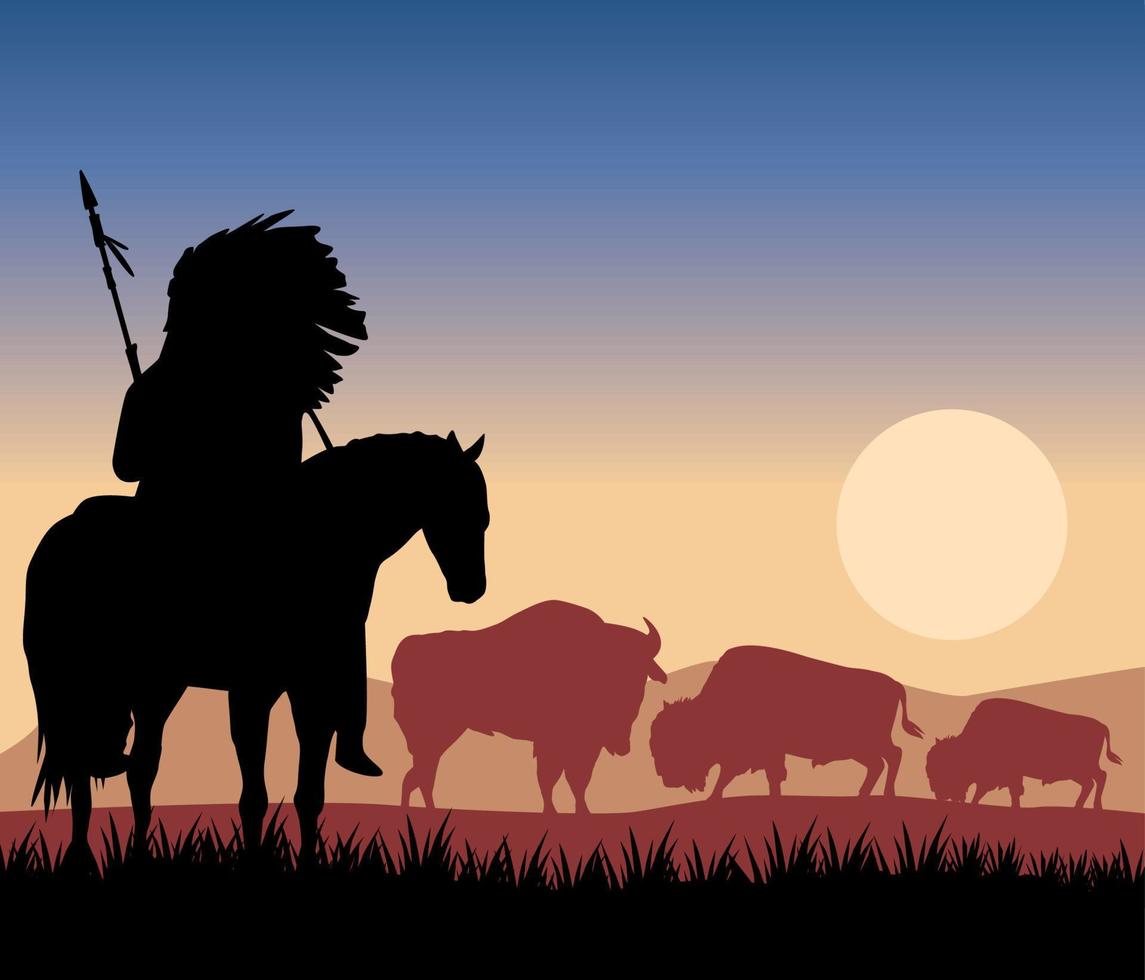 native with buffaloes sunset vector