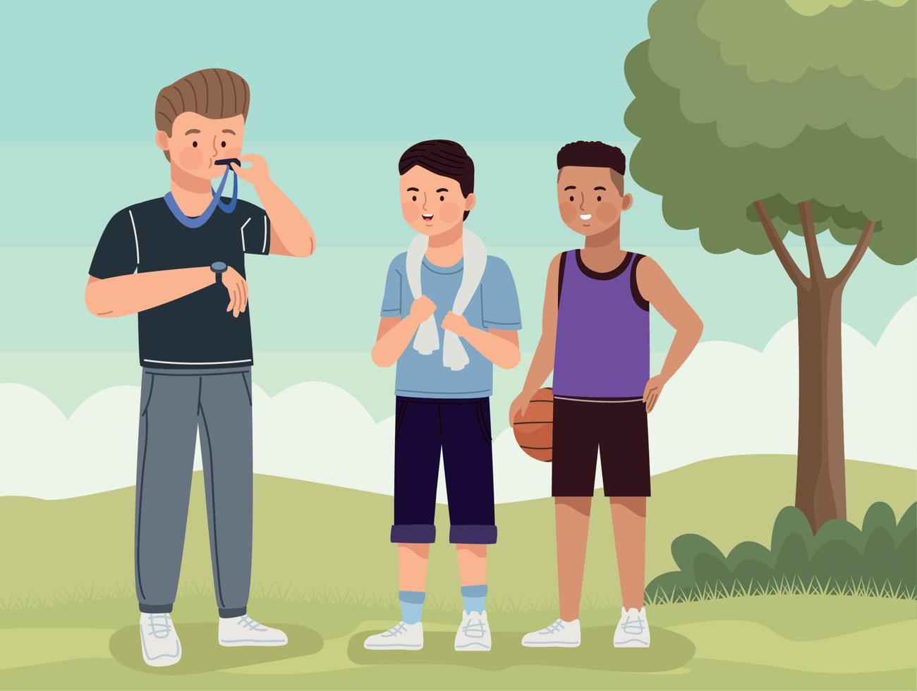 coach with basketball players vector