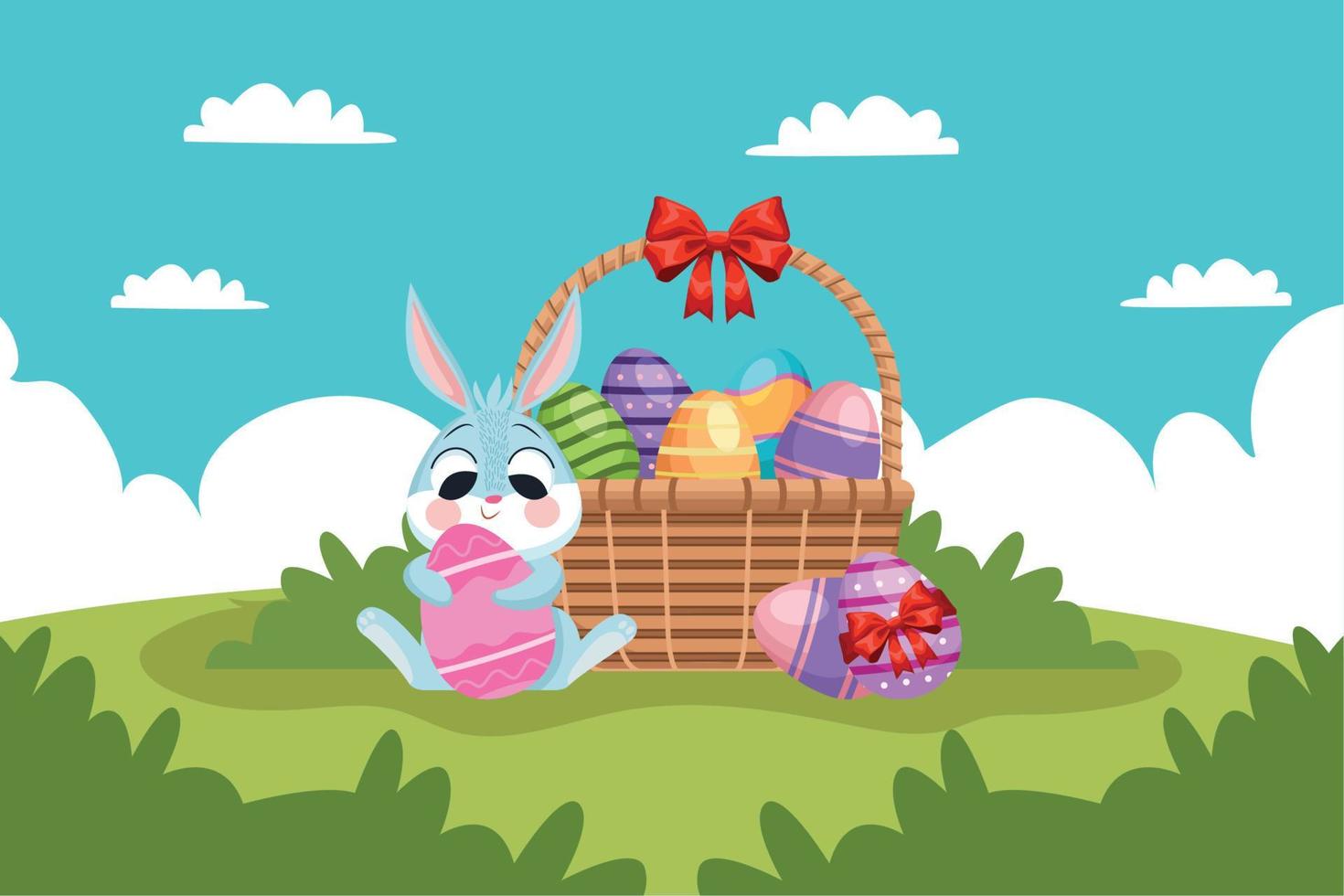 basket with eggs and rabbit vector