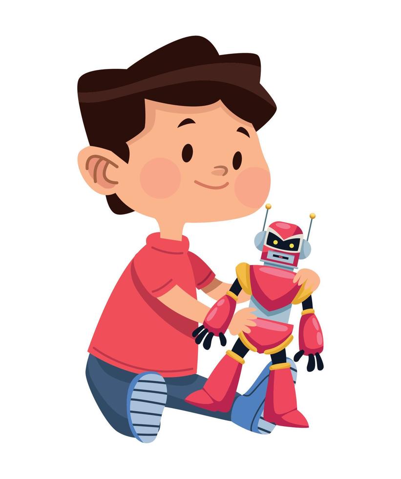 niño jugando con robot vector