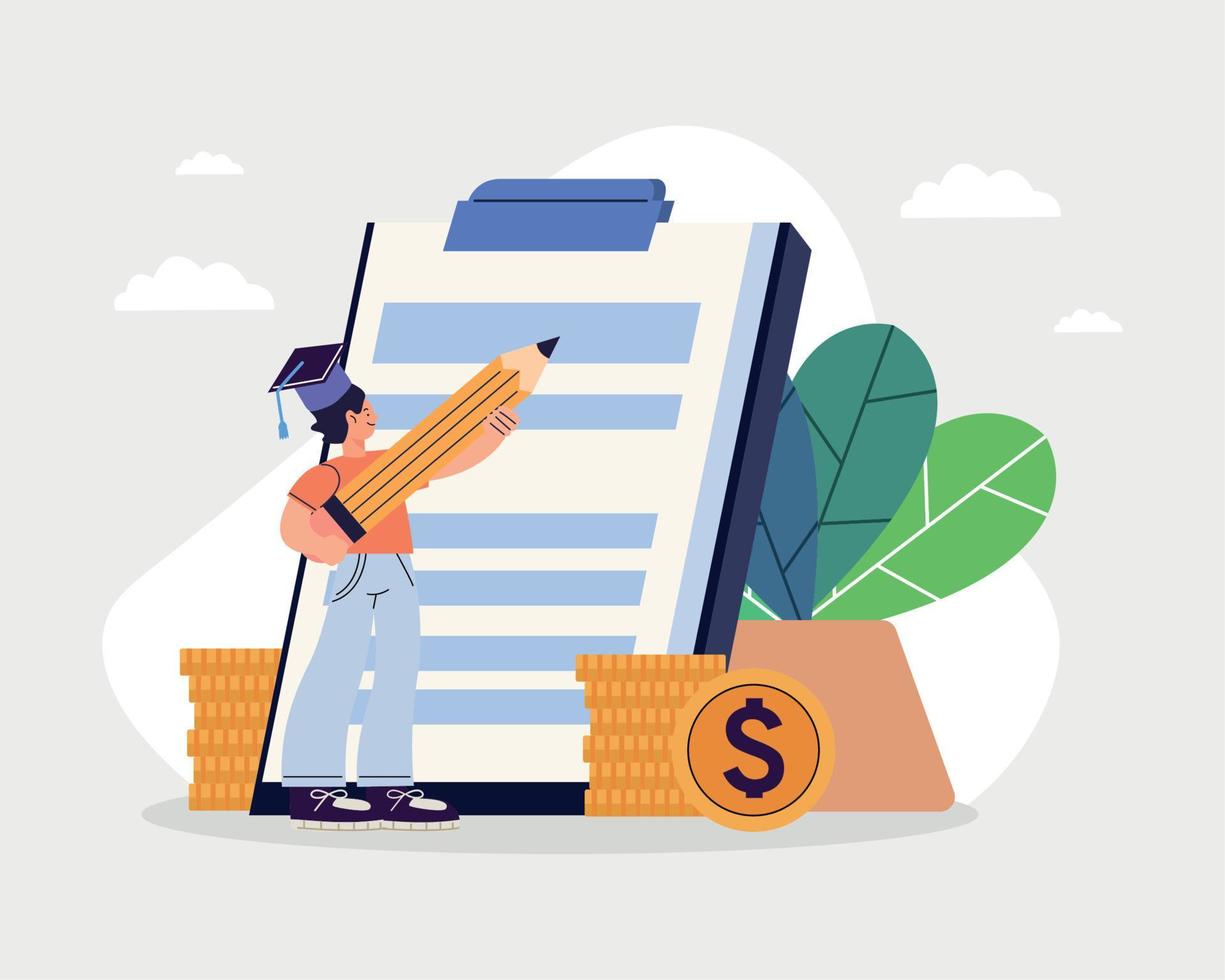 student with clipboard and coins vector