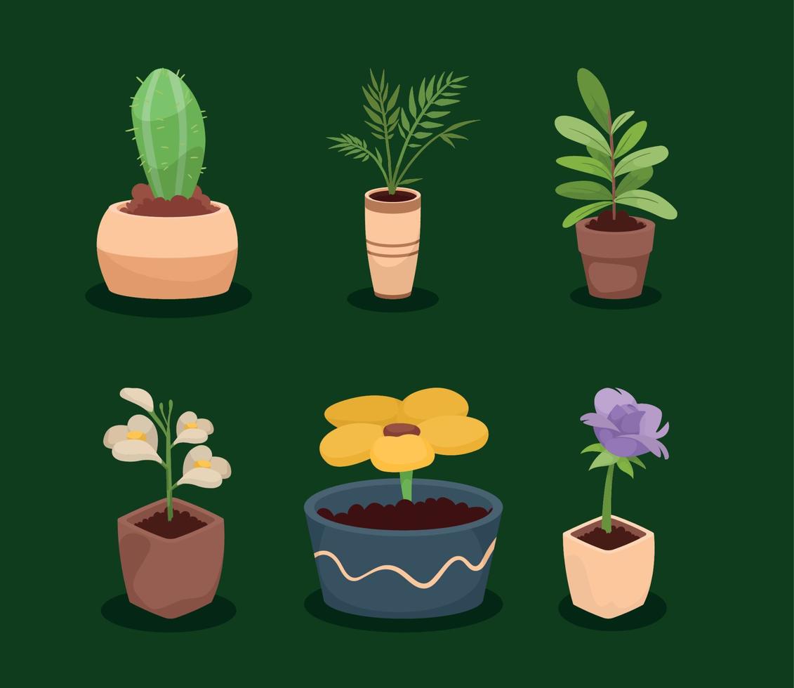 seis iconos decorativos de plantas de interior vector