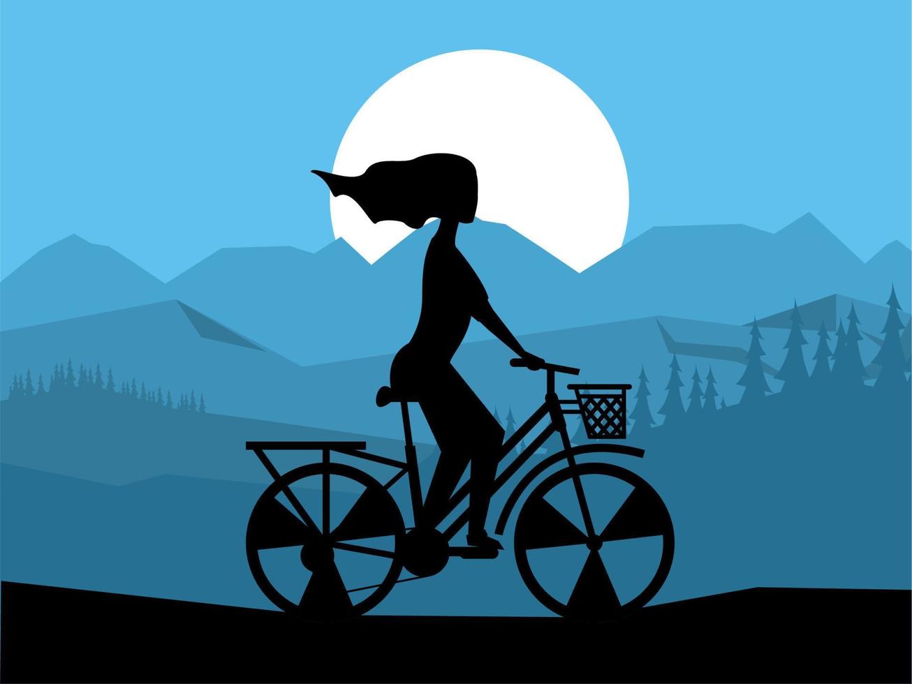 escena de silueta de niña en bicicleta vector
