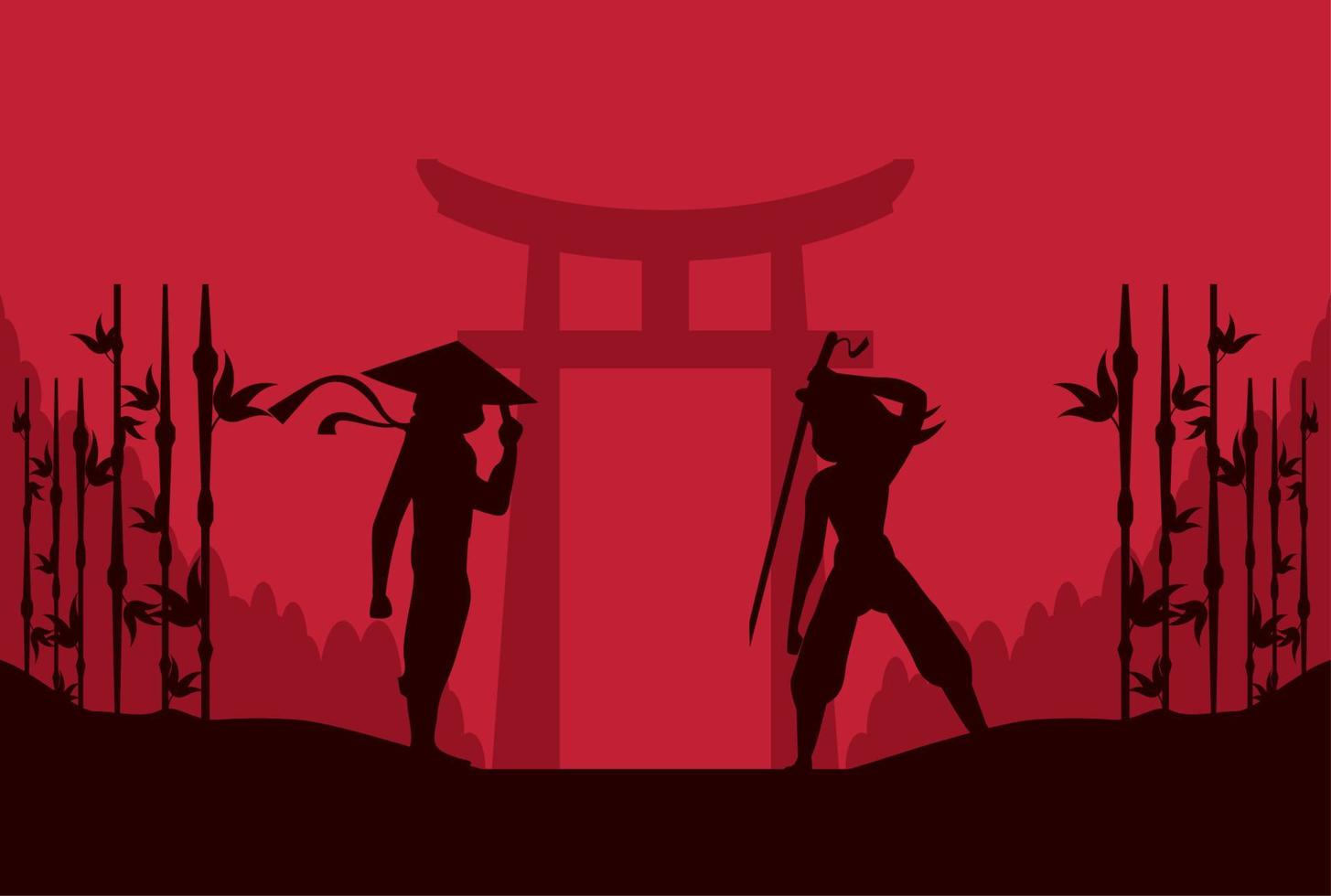 two ninjas with bamboo silhouettes vector