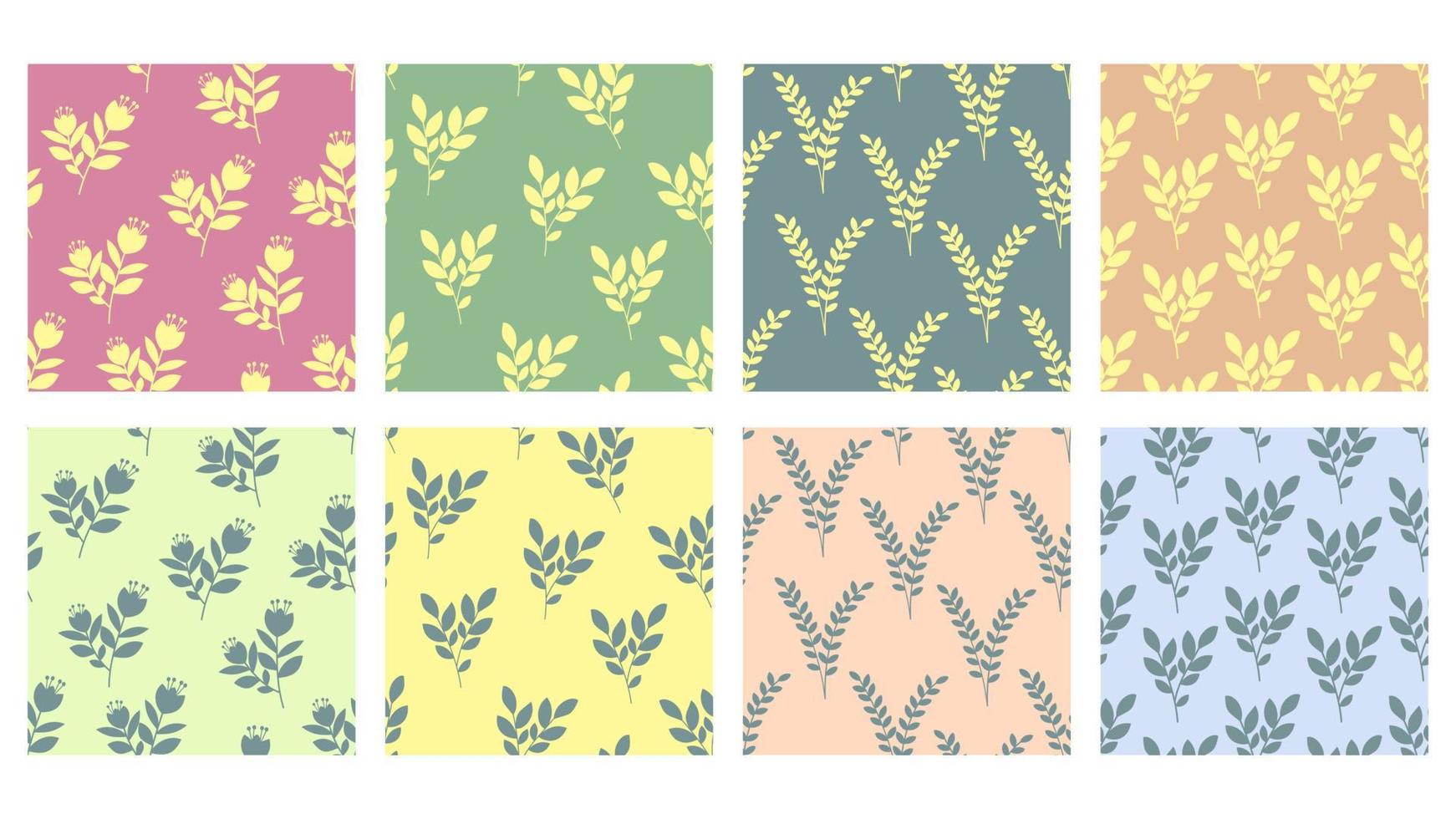 Simple floral leaf and flower seamless patterns in combination of pink, blue, pale yellow pastel color. Suitable for scrapbook, product design, wrapping, packaging, background vector