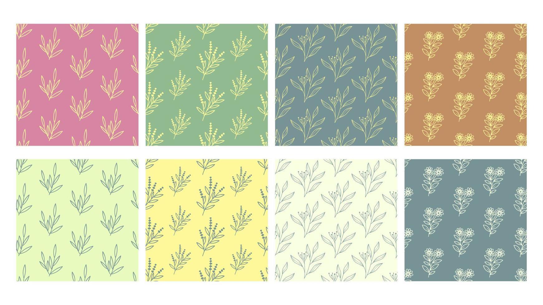 Simple floral leaf and flower seamless patterns in combination of pink, blue, pale yellow pastel color. Suitable for scrapbook, product design, wrapping, packaging, background vector