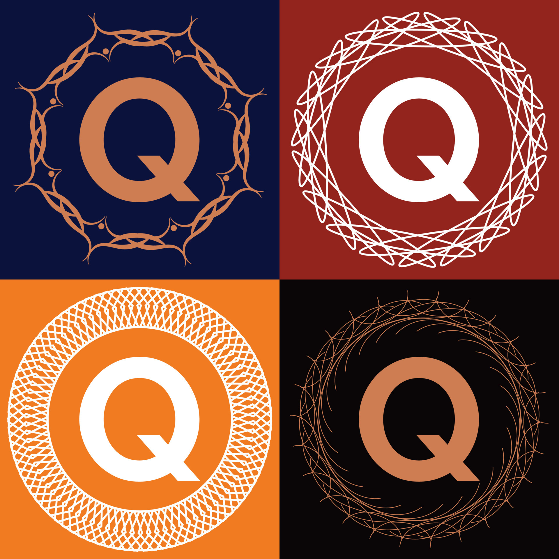 Q letter initial logo template with floral frame with different color