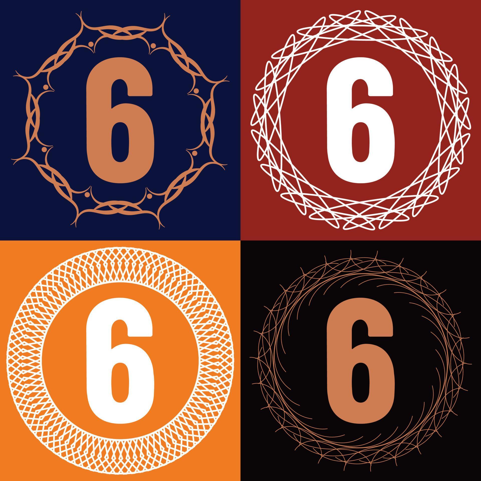 6 number initial logo template with floral frame with different color