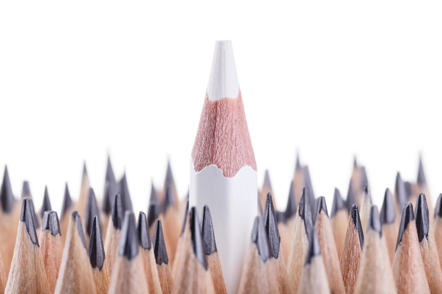 One sharpened white pencil among many ones photo