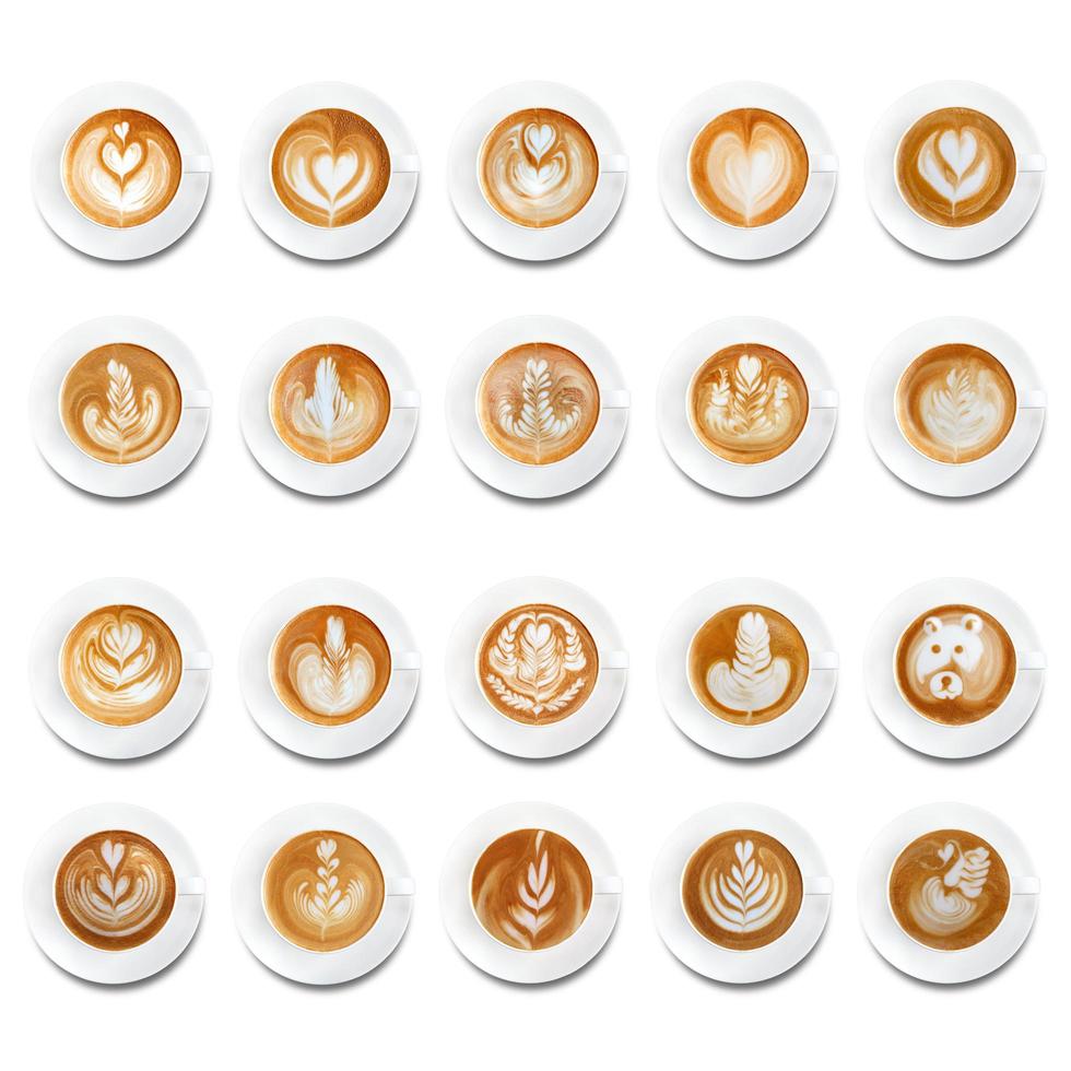 Latte art coffee on white background.Collection photo