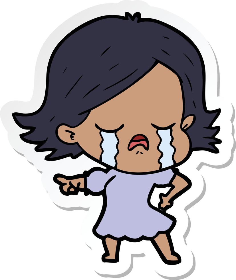 sticker of a cartoon girl crying and pointing vector