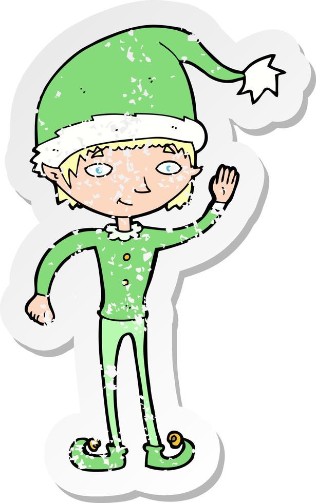 retro distressed sticker of a cartoon waving christmas elf vector