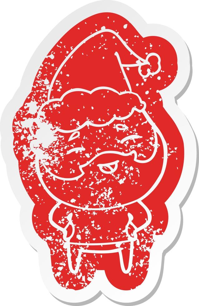 cartoon distressed sticker of a happy bearded man wearing santa hat vector