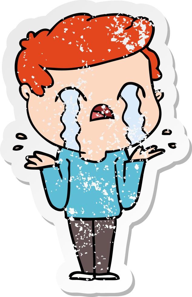 distressed sticker of a cartoon man crying vector