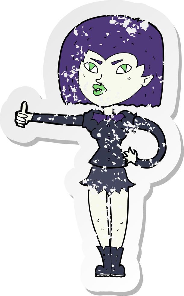 retro distressed sticker of a cartoon vampire girl giving thumbs up vector