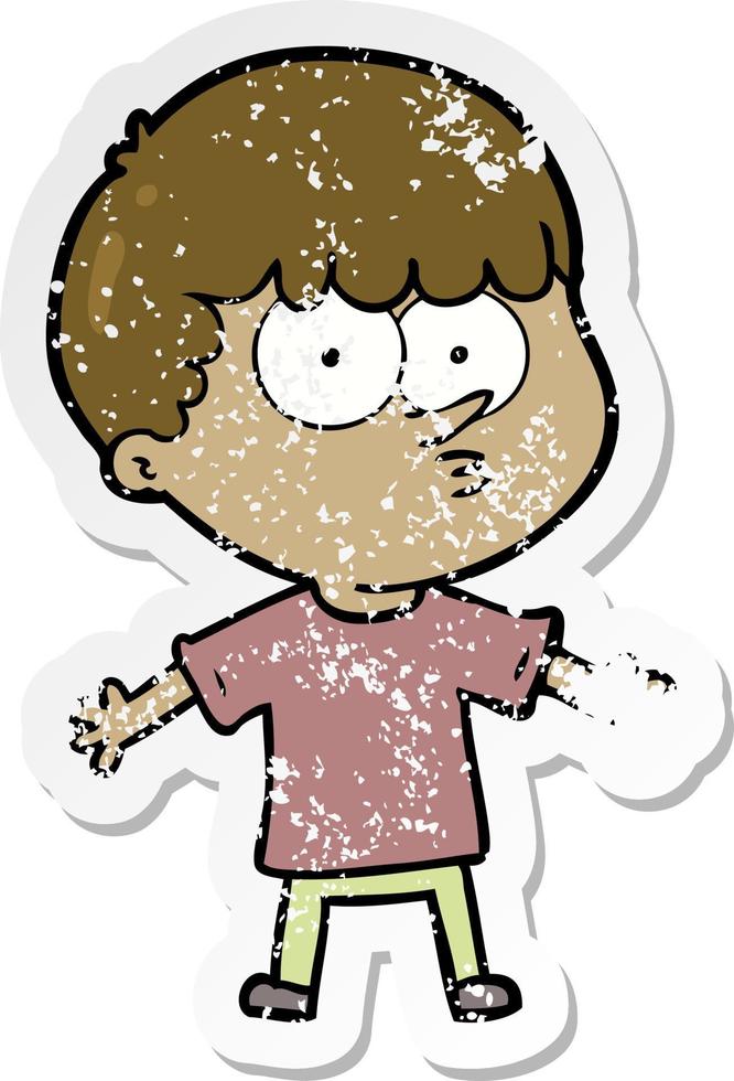 distressed sticker of a cartoon curious boy vector