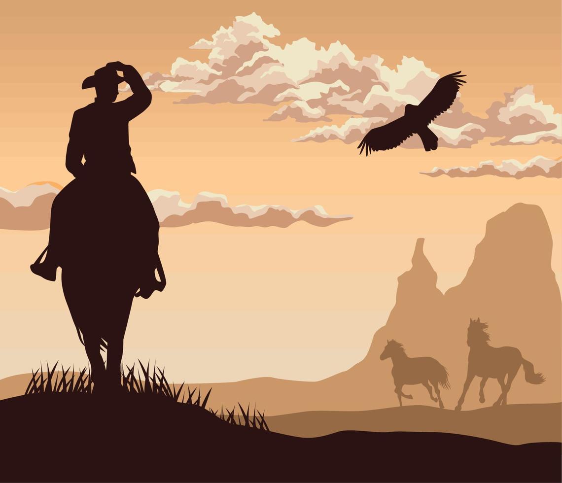 vaquero con caballos y águila vector