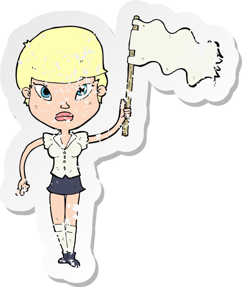 retro distressed sticker of a cartoon woman waving white flag vector