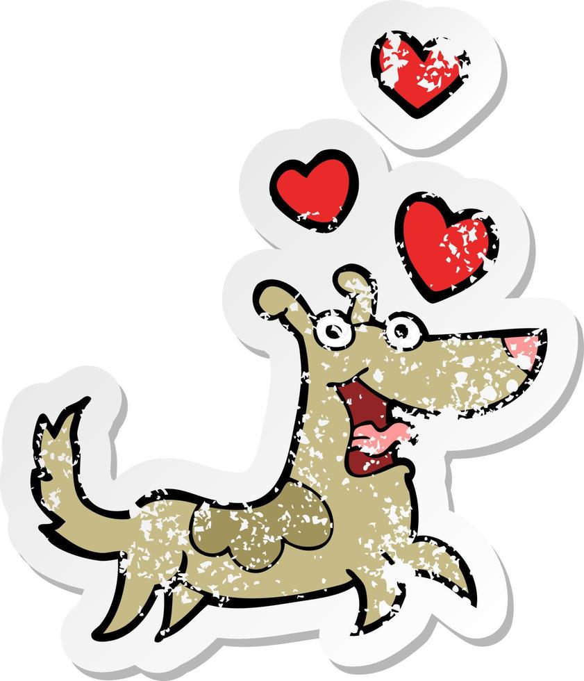 distressed sticker of a cartoon dog with love hearts vector