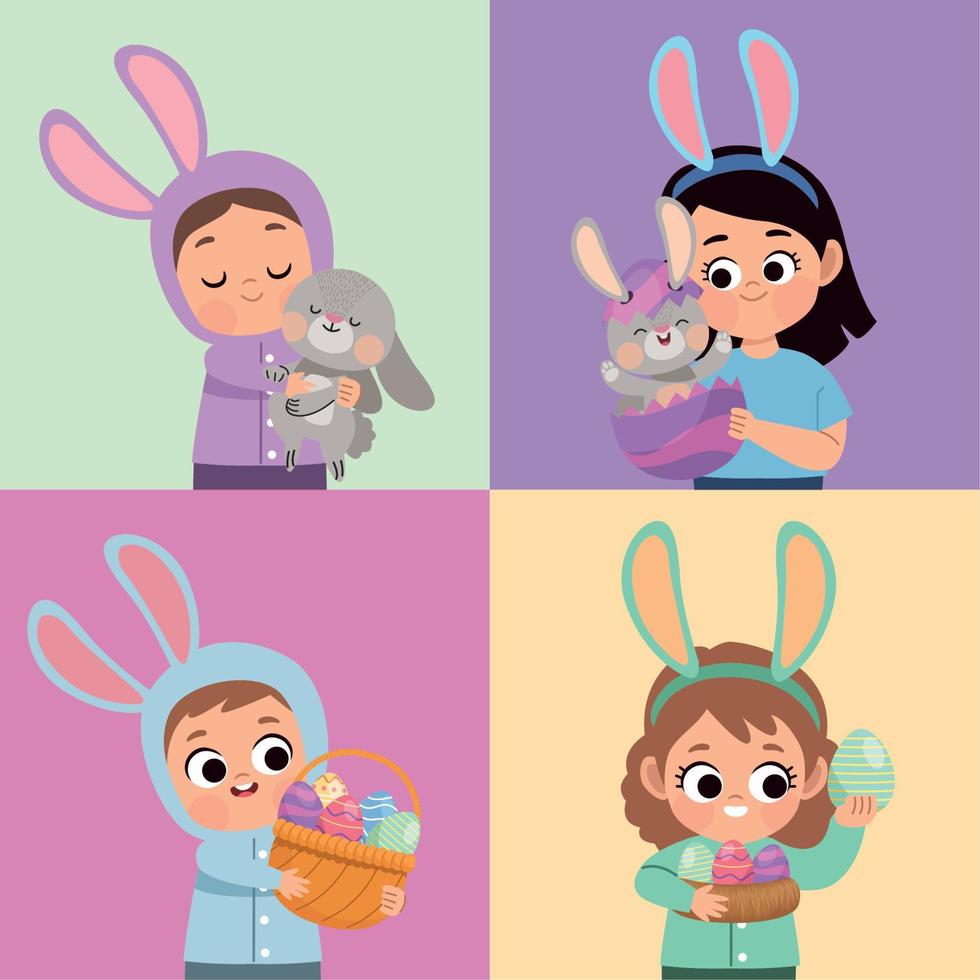 cuatro niños con íconos de pascua vector