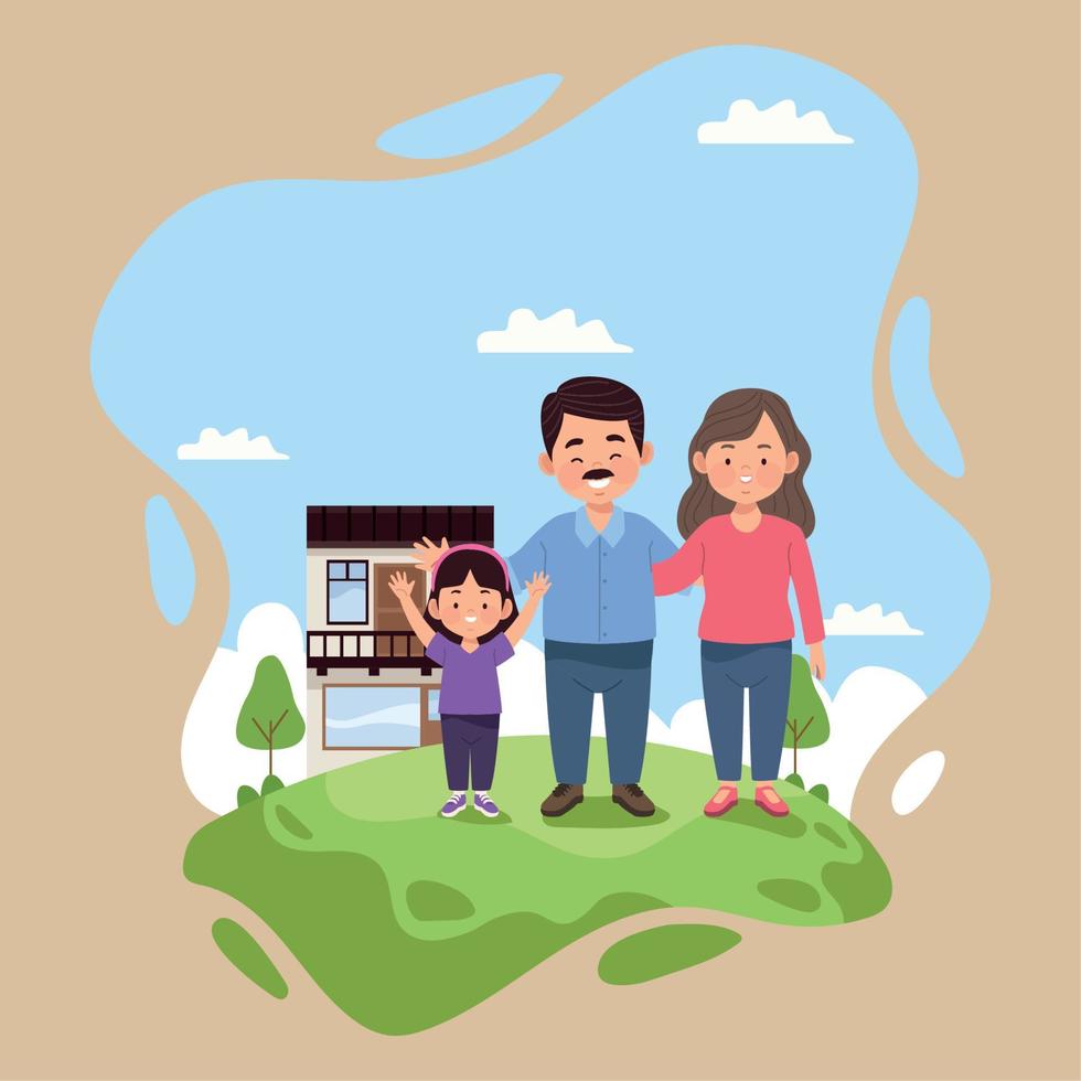 couple with daughter and building vector