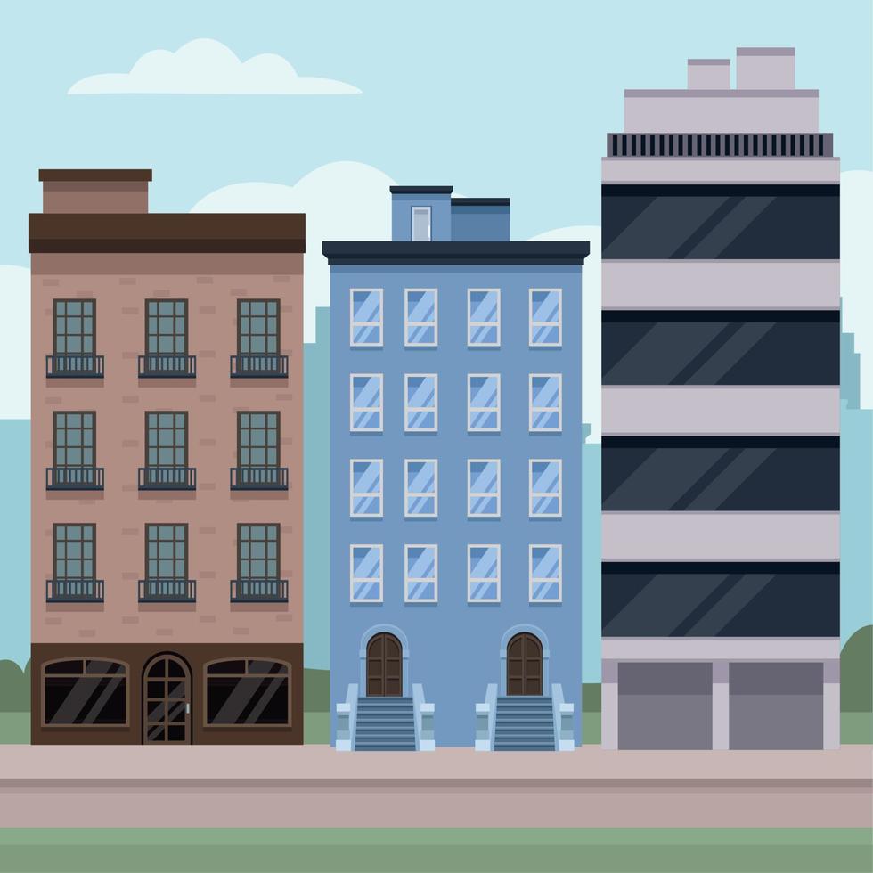 three city buildings scene vector