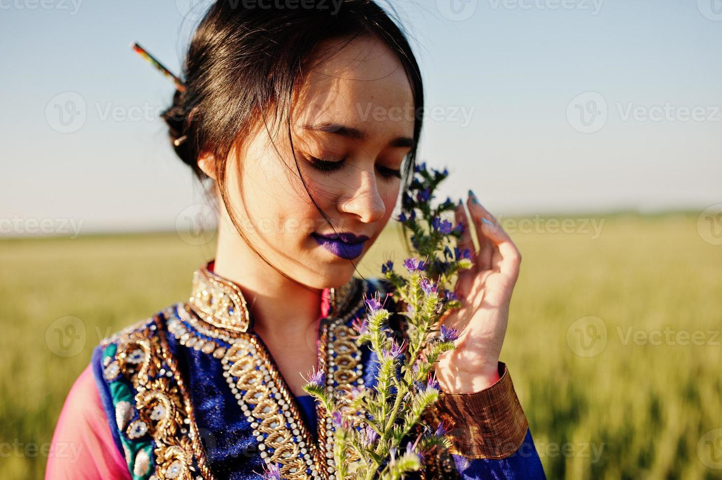 Tender indian girl in saree, with violet lips make up posed at field in sunset. Fashionable india model. photo