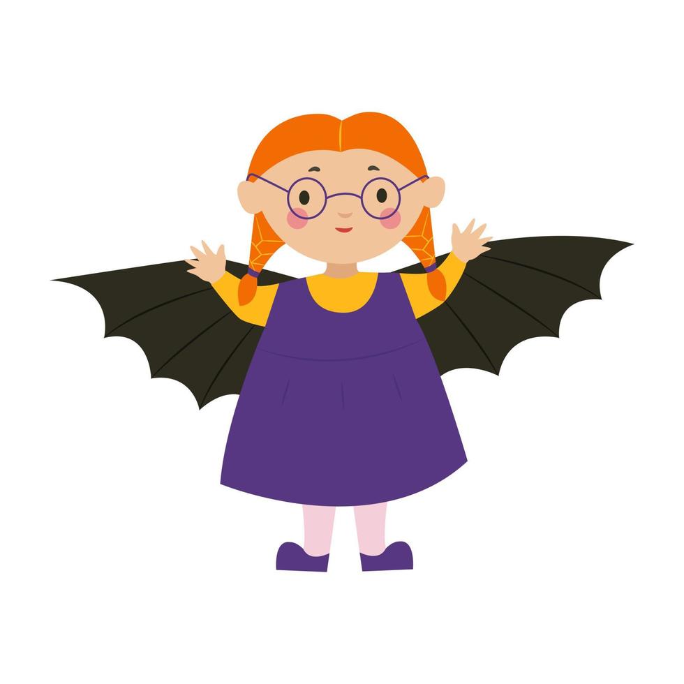 A girl in a bat costume for Halloween. A child in a carnival costume. Vector illustration in flat style
