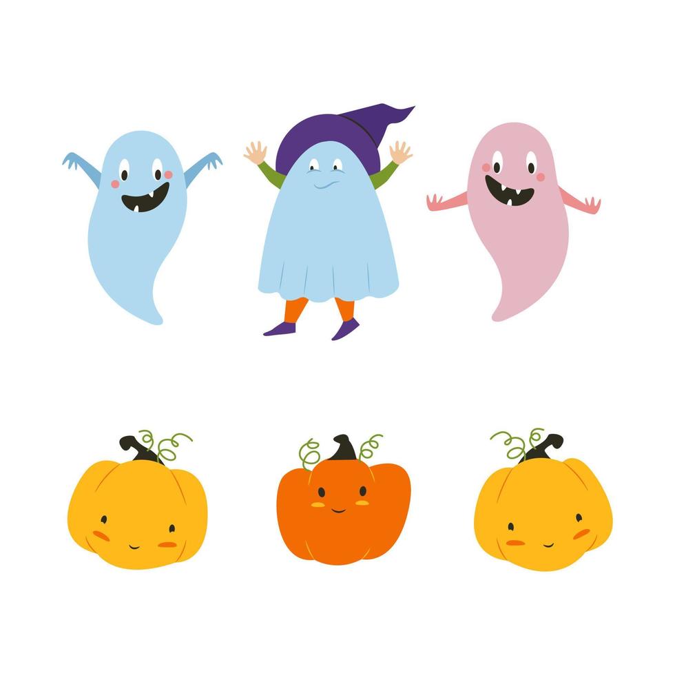 Cute Halloween Ghosts and Pumpkins. Characters from Halloween. Vector illustration in flat style