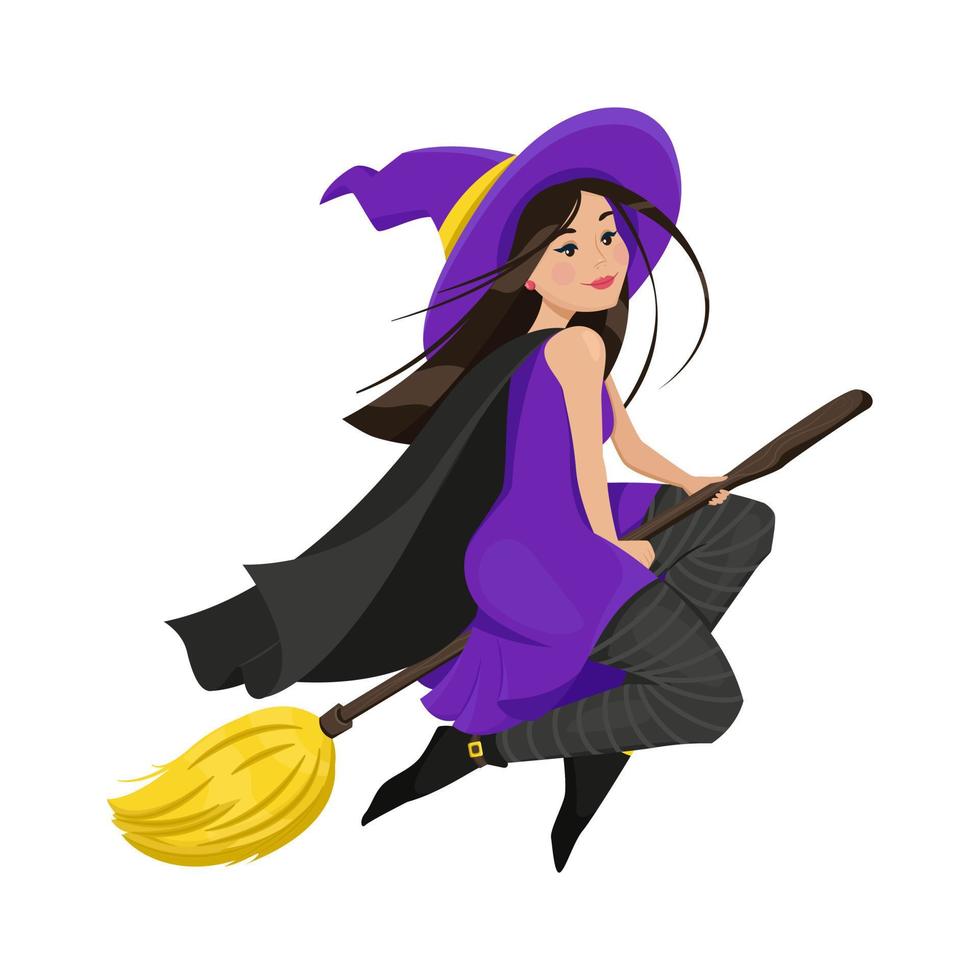 A cute witch in a cloak and stockings flew on a broomstick. Vector illustration in flat cartoon style