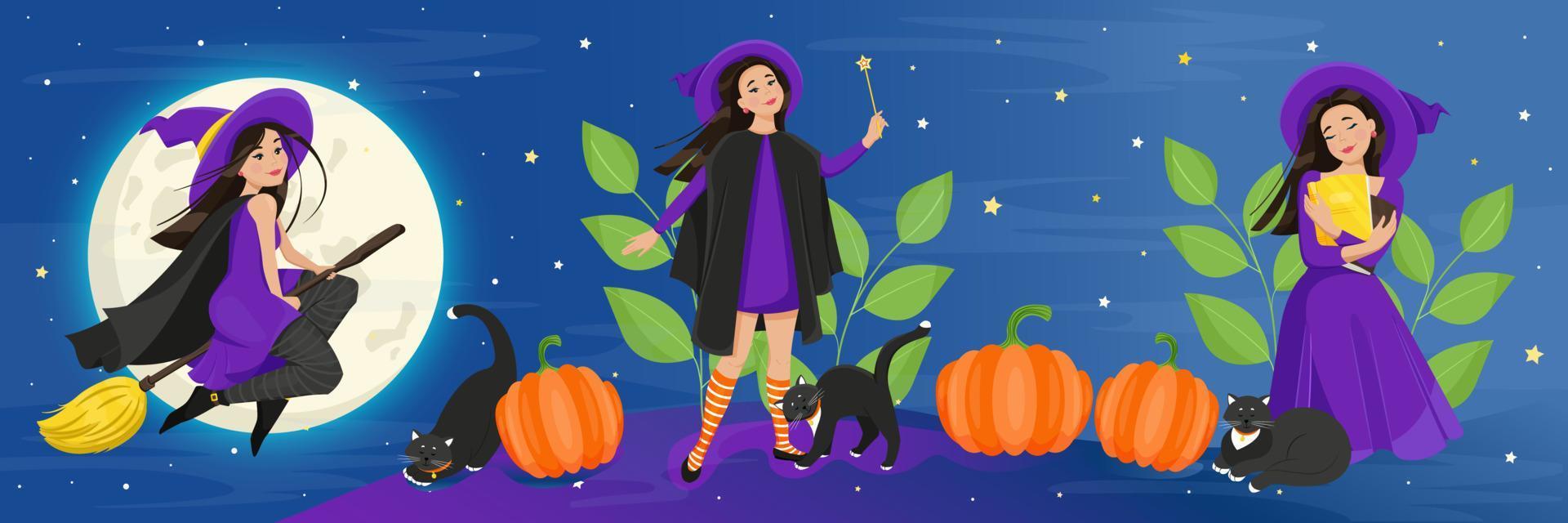 Female characters for Halloween set. A cute witch in a cloak and stockings flies on a broomstick, a black cat, pumpkins. Vector illustration