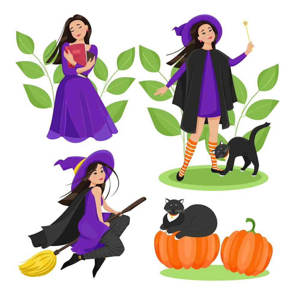 Female characters for Halloween set. A cute witch in a cloak and stockings flies on a broomstick, a black cat, pumpkins. Vector illustration