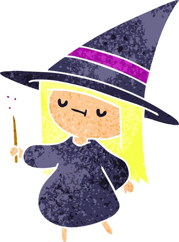 retro cartoon of a cute kawaii witch girl vector