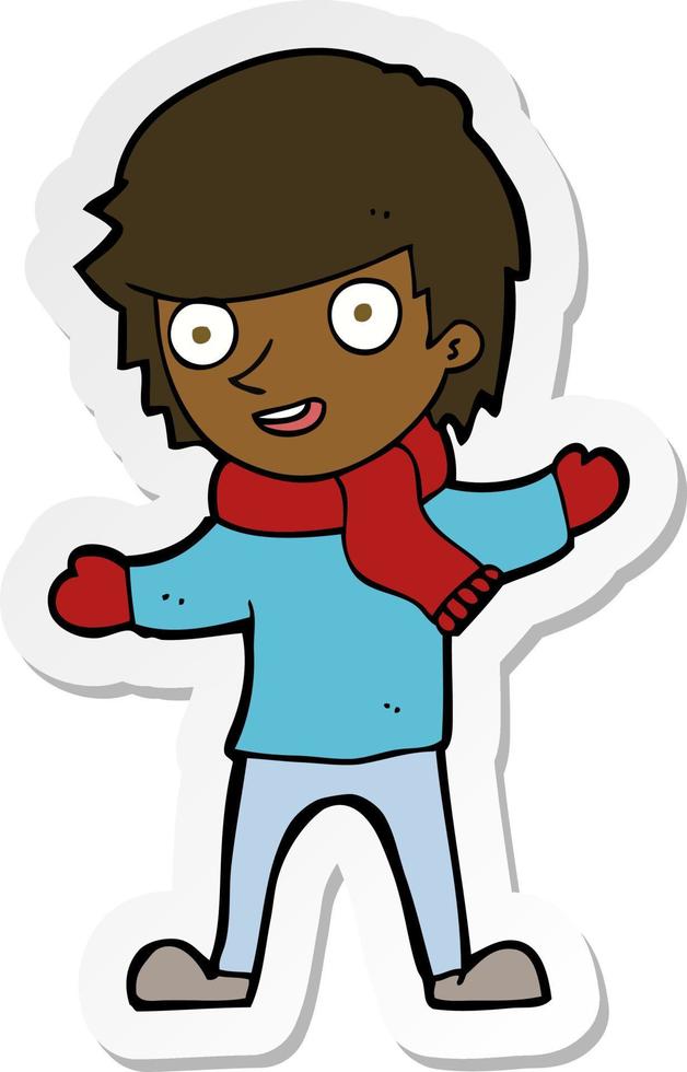 sticker of a cartoon boy in winter clothes vector