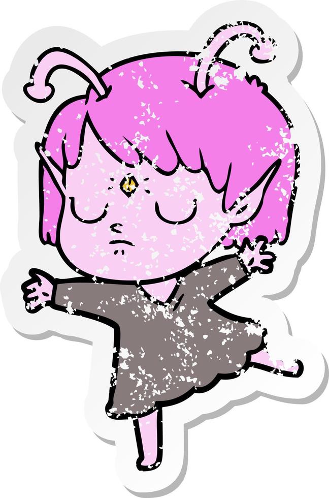 distressed sticker of a cartoon alien girl vector