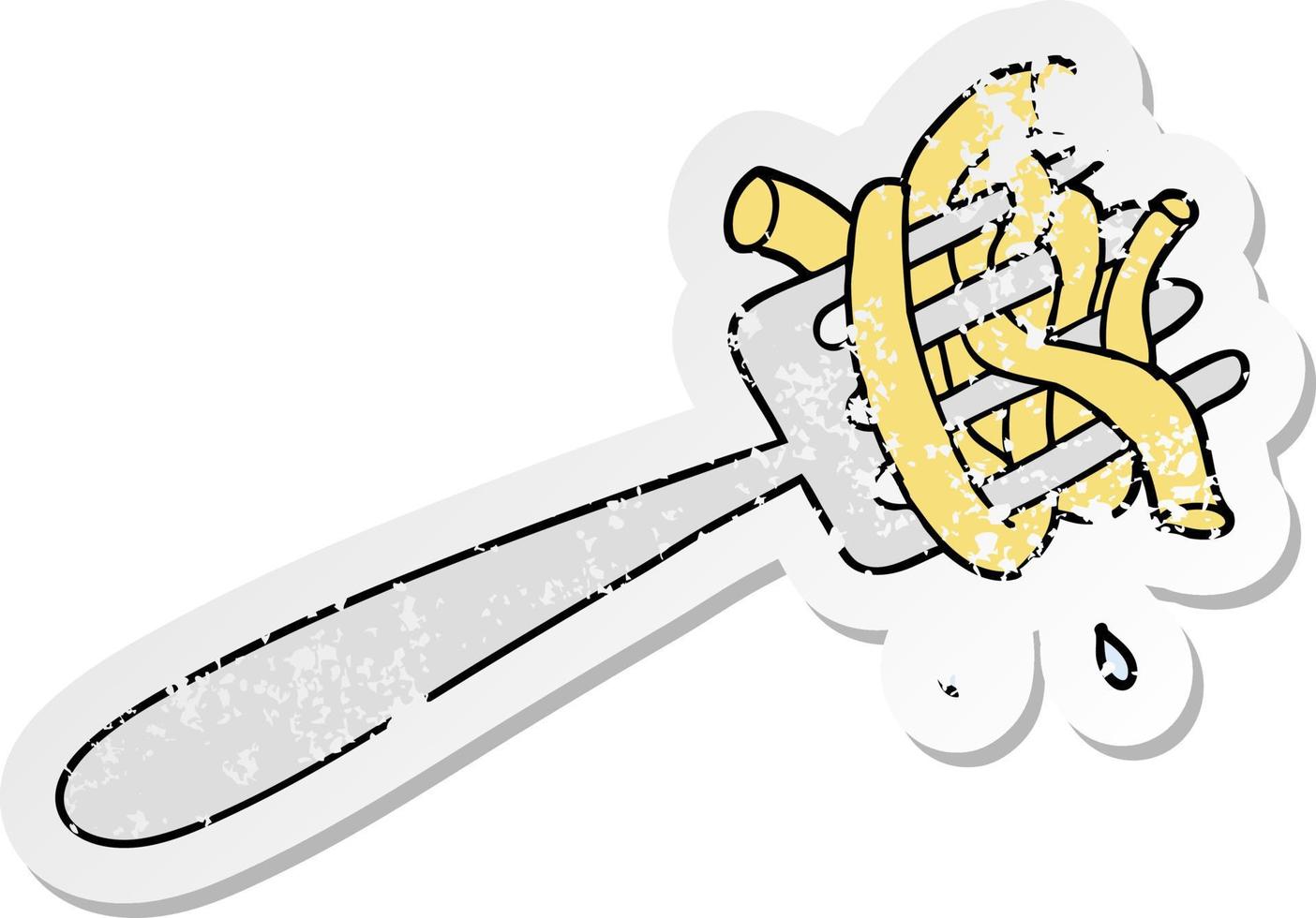 distressed sticker of a cartoon spaghetti on fork vector