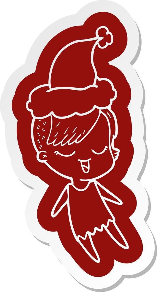 happy cartoon  sticker of a girl wearing santa hat vector