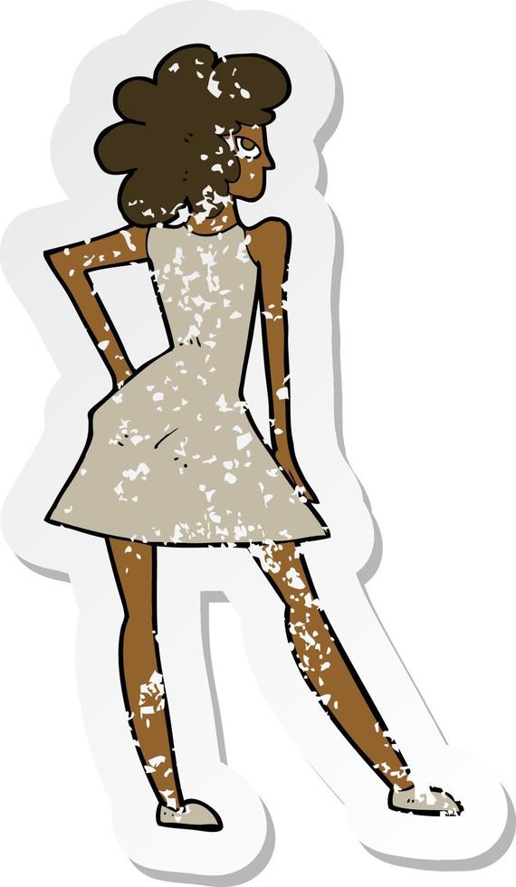retro distressed sticker of a cartoon woman posing in dress vector