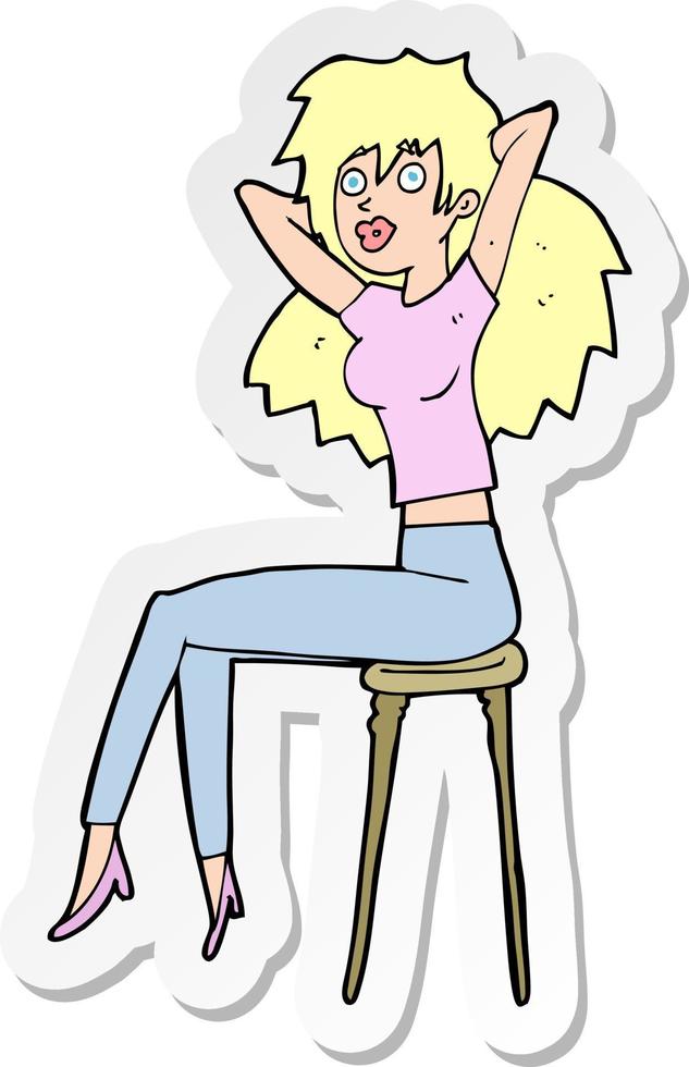 pegatina de una mujer de dibujos animados posando en un taburete vector