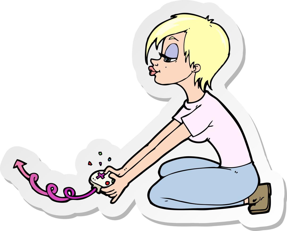 sticker of a cartoon girl playing computer games vector
