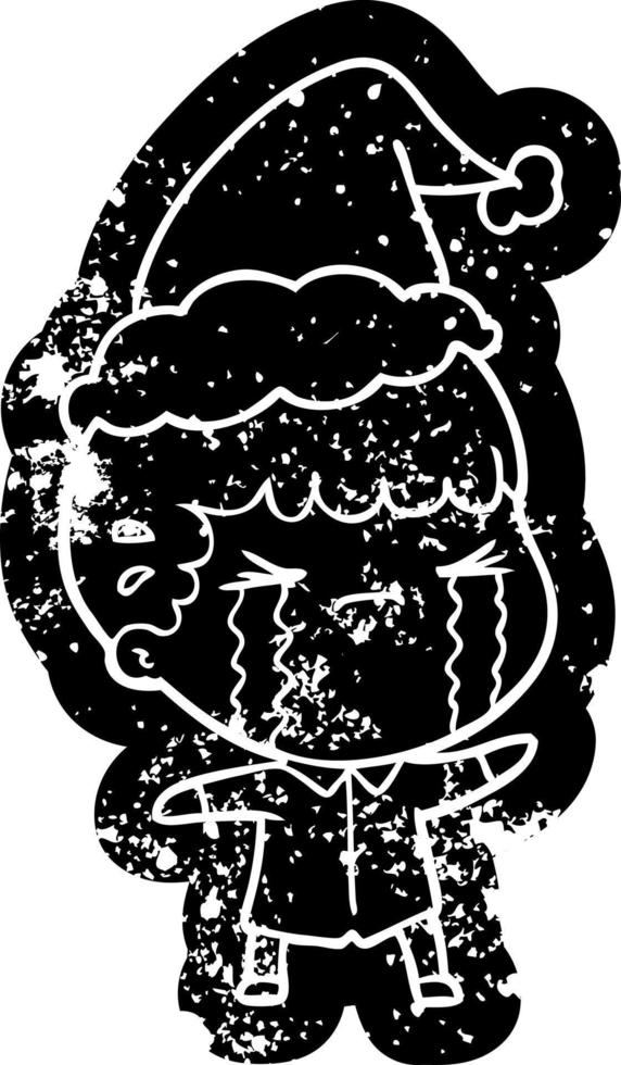 cartoon distressed icon of a man crying wearing santa hat vector