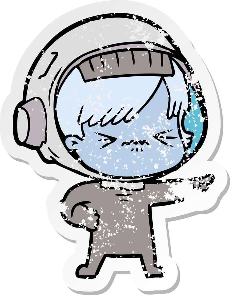 distressed sticker of a cartoon astronaut woman vector