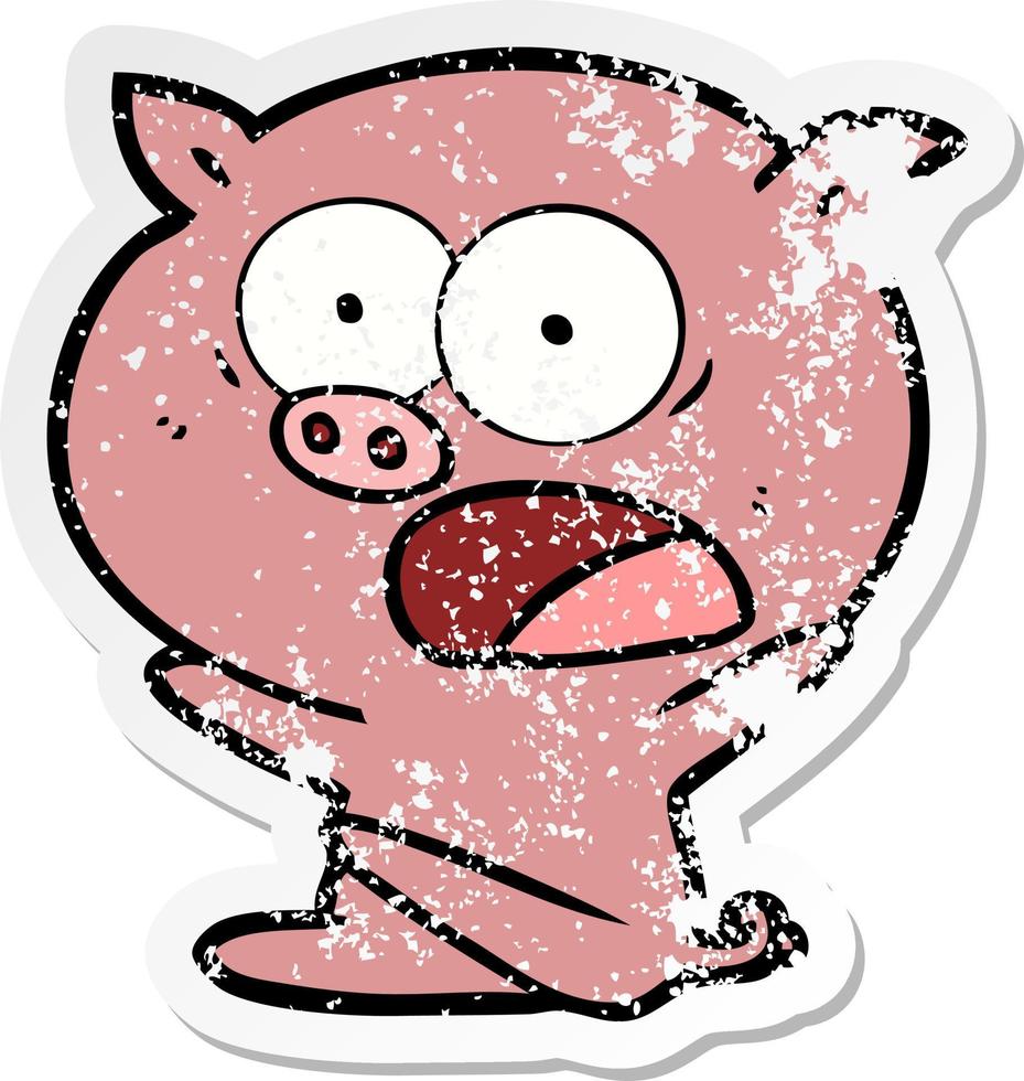 distressed sticker of a shocked cartoon pig sitting down vector