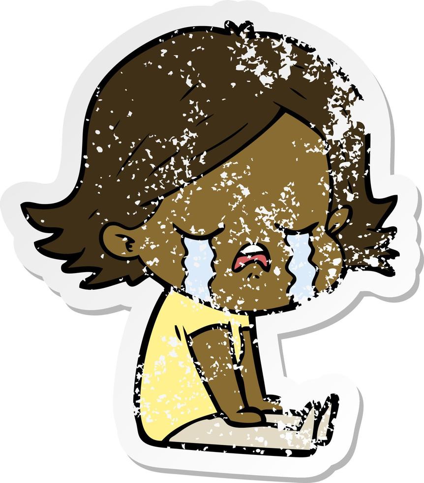 distressed sticker of a cartoon girl crying sat on floor vector