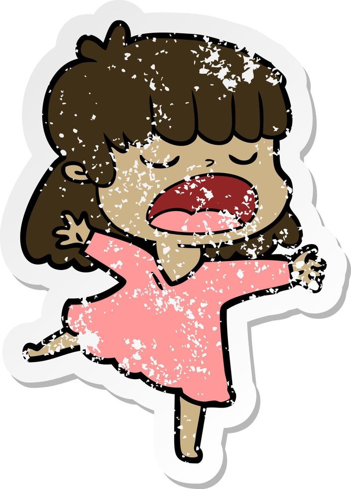 distressed sticker of a cartoon woman talking loudly vector