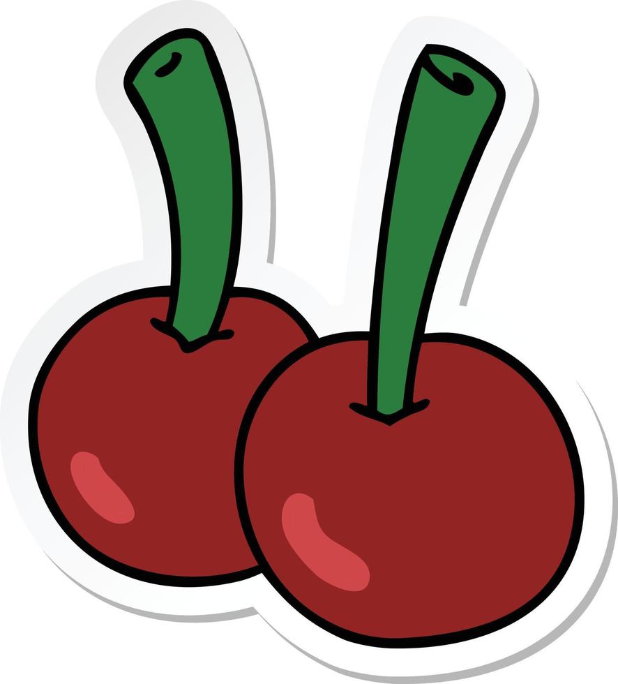 sticker of a quirky hand drawn cartoon cherries vector