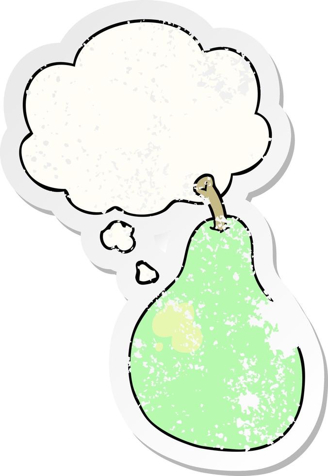 cartoon pear and thought bubble as a distressed worn sticker vector