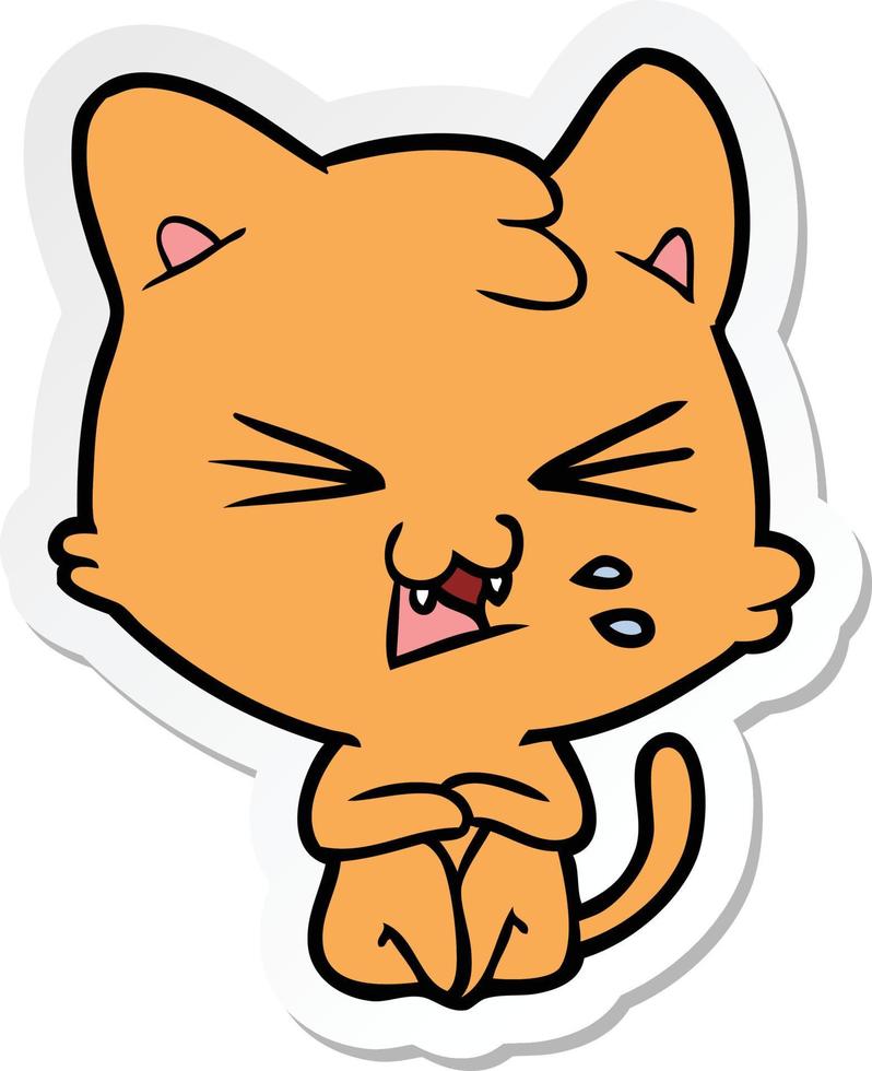 sticker of a cartoon hissing cat vector