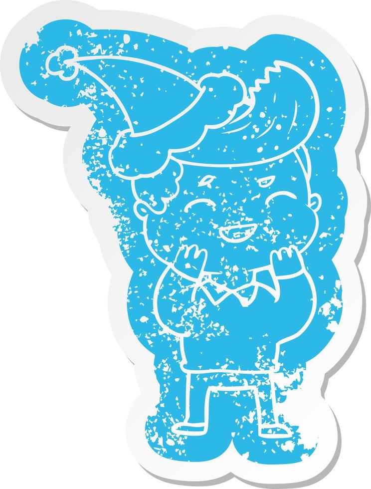 cartoon distressed sticker of a man laughing wearing santa hat vector