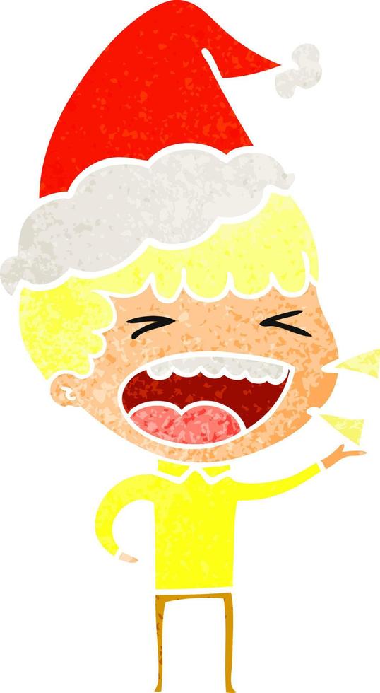 retro cartoon of a laughing man wearing santa hat vector